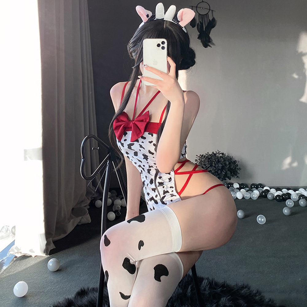 Blesssafe Anime Cow Costume Kawaii Cow Print Cosplay Outfit High Cut Onepiece Bodysuit Blesssafe