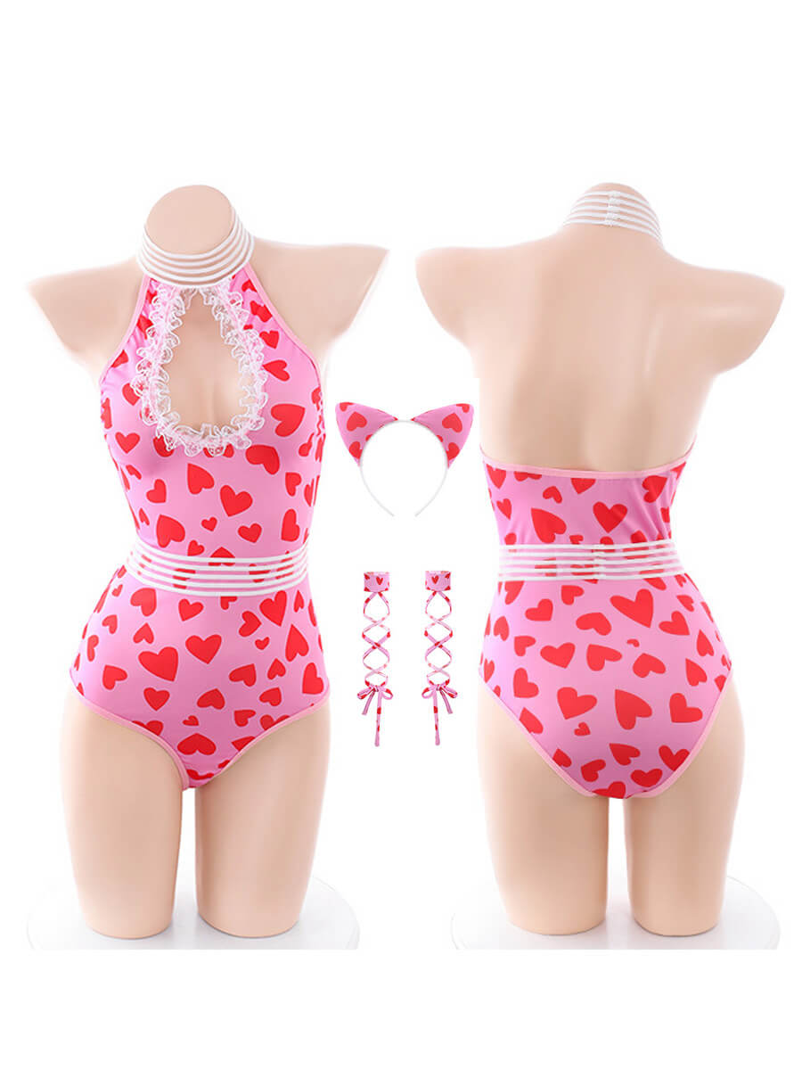 Anime Neko Cat Halter Neck Heart Print Cutout Bodysuit Set blesssafe