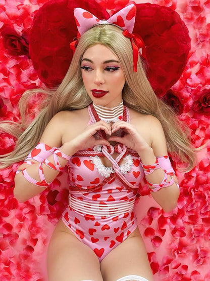 Anime Neko Cat Halter Neck Heart Print Cutout Bodysuit Set blesssafe