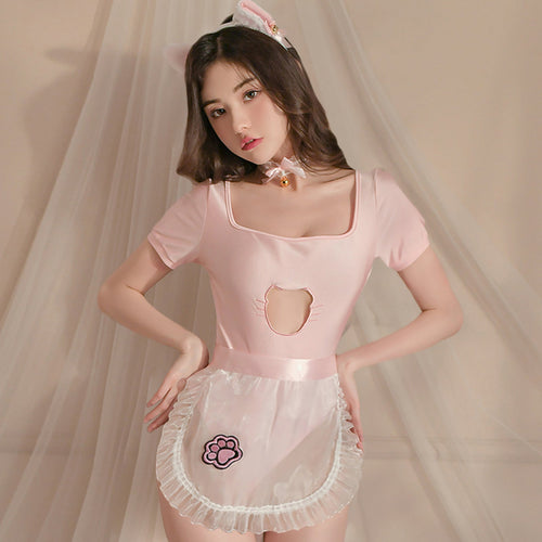 Anime Neko Maid Lingerie Set Pink Open Crotch Bodysuit blesssafe