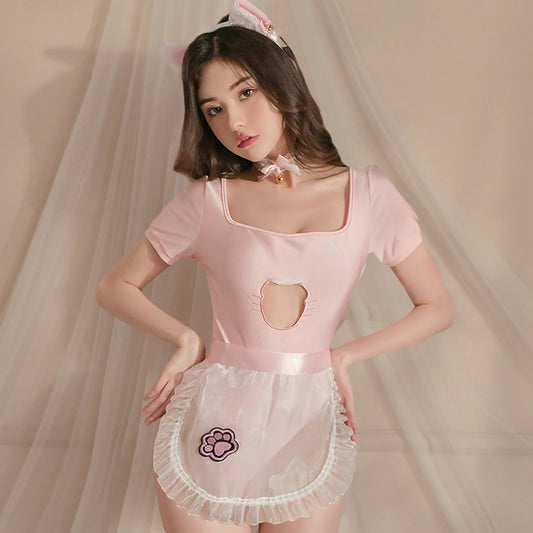 Anime Neko Maid Lingerie Set Pink Open Crotch Bodysuit blesssafe