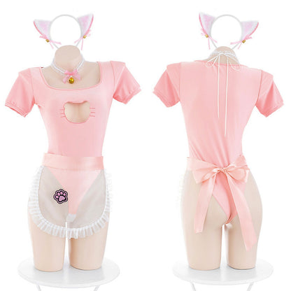 Anime Neko Maid Lingerie Set Pink Open Crotch Bodysuit blesssafe