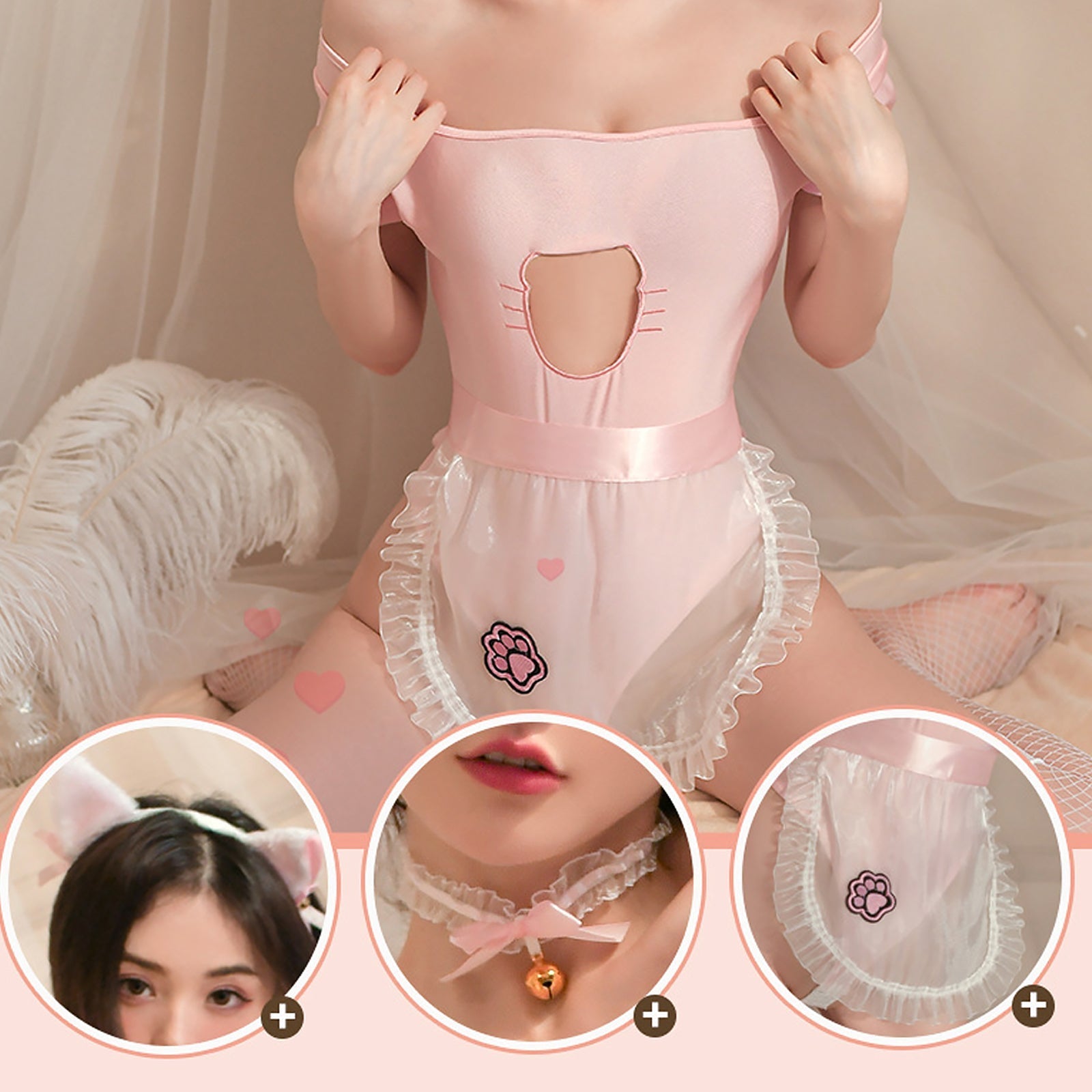 Anime Neko Maid Lingerie Set Pink Open Crotch Bodysuit blesssafe