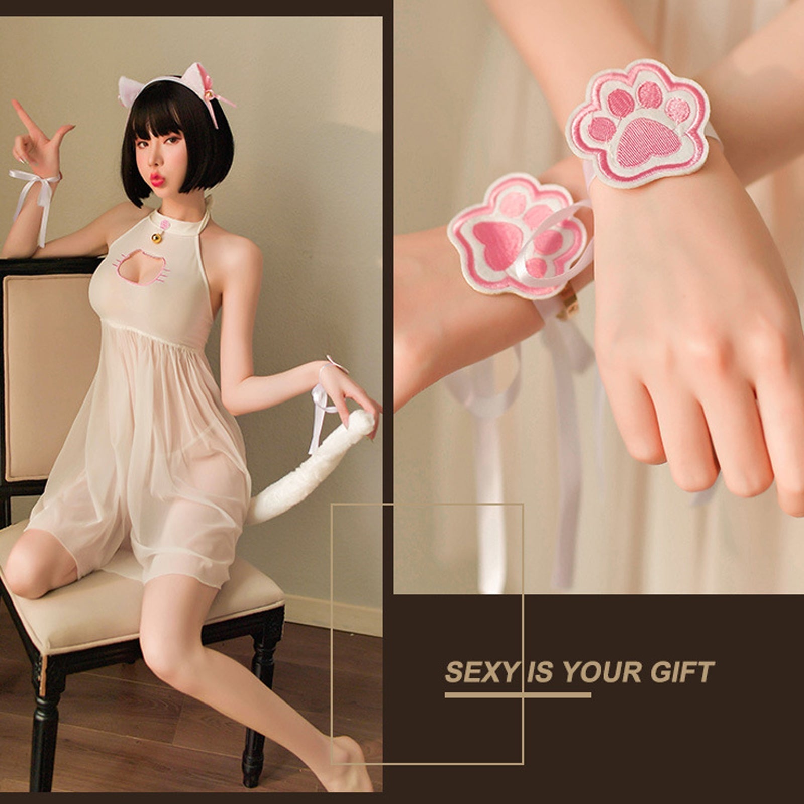 Japanese Cat Cosplay Sheer Mesh Babydoll Dress Set blesssafe