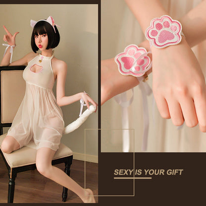 Japanese Cat Cosplay Sheer Mesh Babydoll Dress Set blesssafe