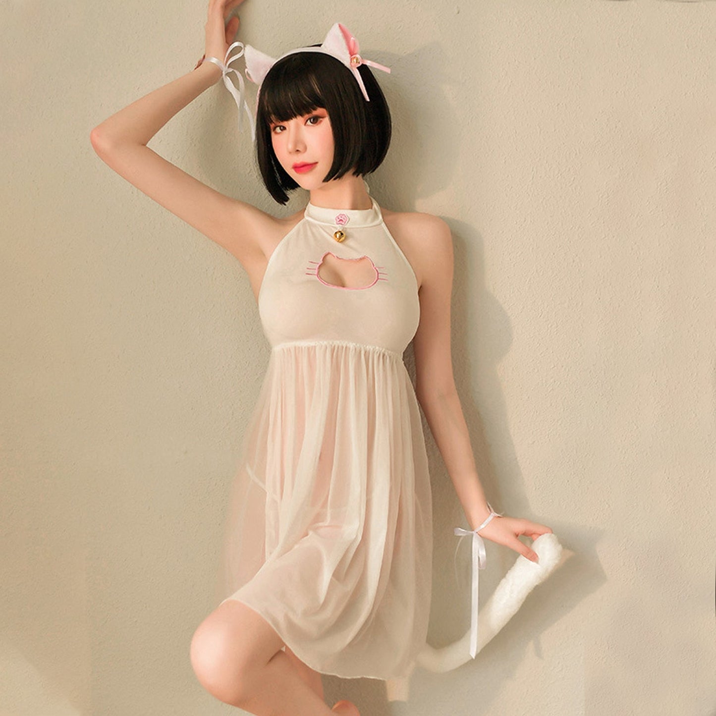 Japanese Cat Cosplay Sheer Mesh Babydoll Dress Set blesssafe