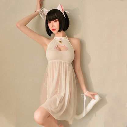 Japanese Cat Cosplay Sheer Mesh Babydoll Dress Set blesssafe