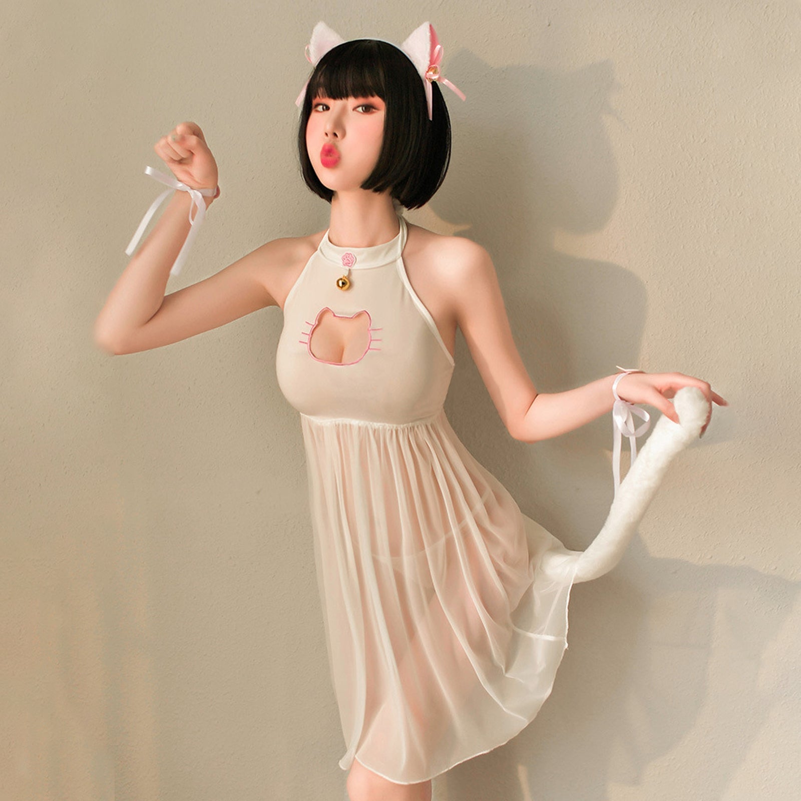 Japanese Cat Cosplay Sheer Mesh Babydoll Dress Set blesssafe
