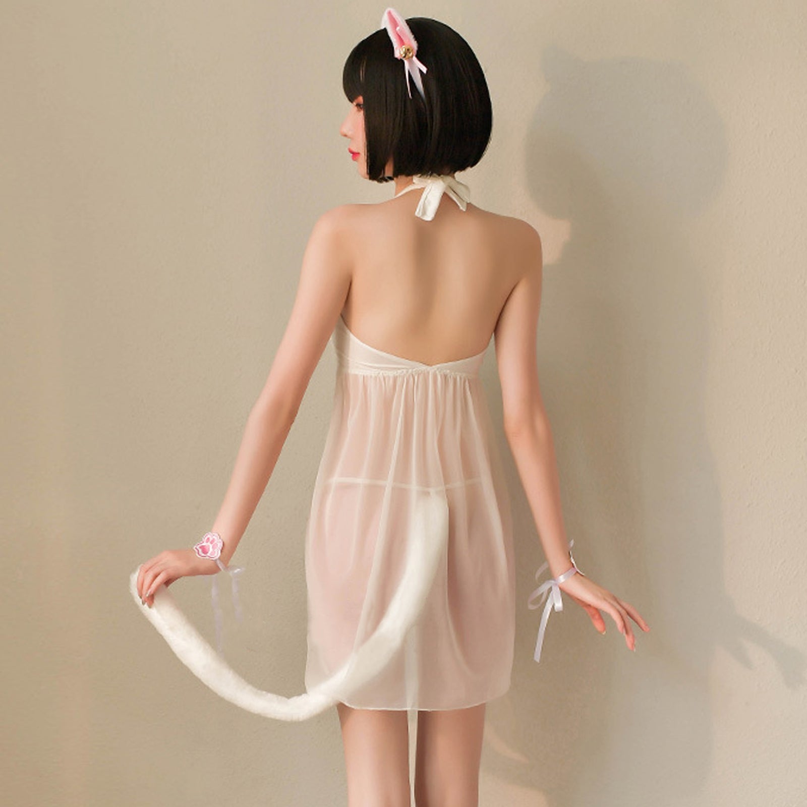 Japanese Cat Cosplay Sheer Mesh Babydoll Dress Set blesssafe