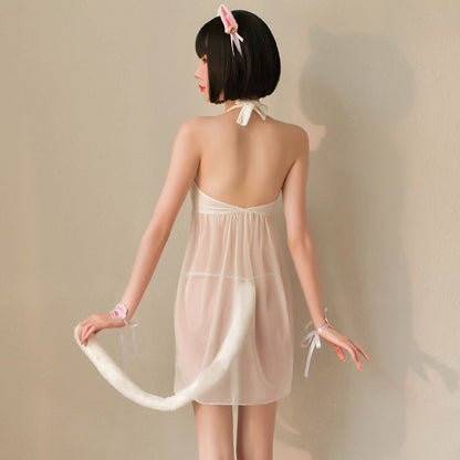 Japanese Cat Cosplay Sheer Mesh Babydoll Dress Set blesssafe