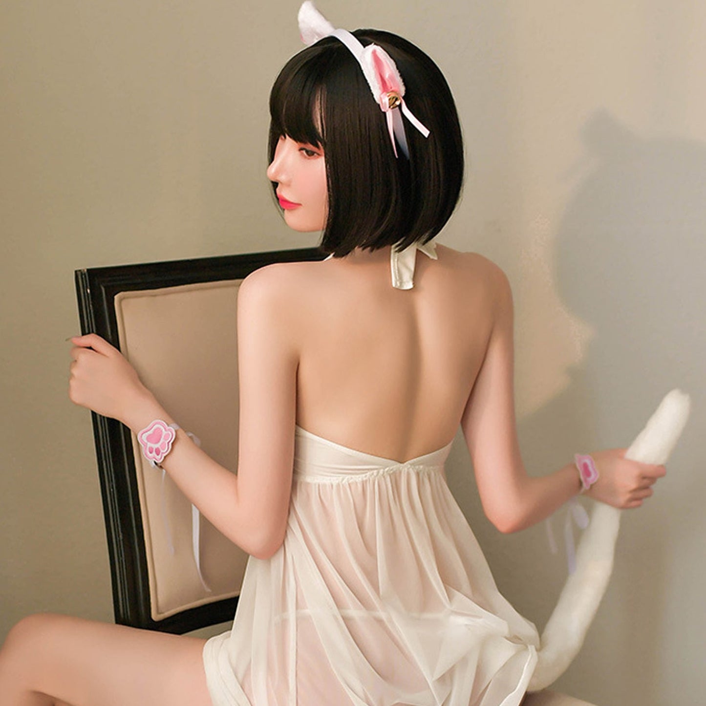Japanese Cat Cosplay Sheer Mesh Babydoll Dress Set blesssafe