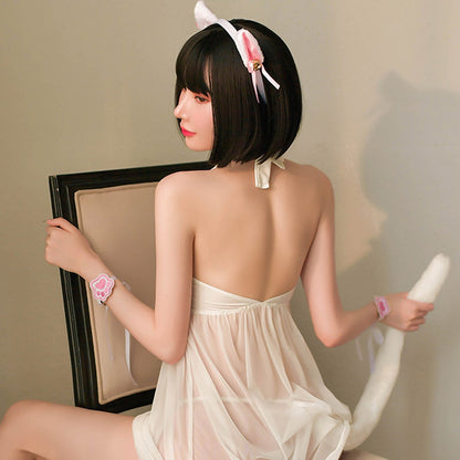 Japanese Cat Cosplay Sheer Mesh Babydoll Dress Set blesssafe