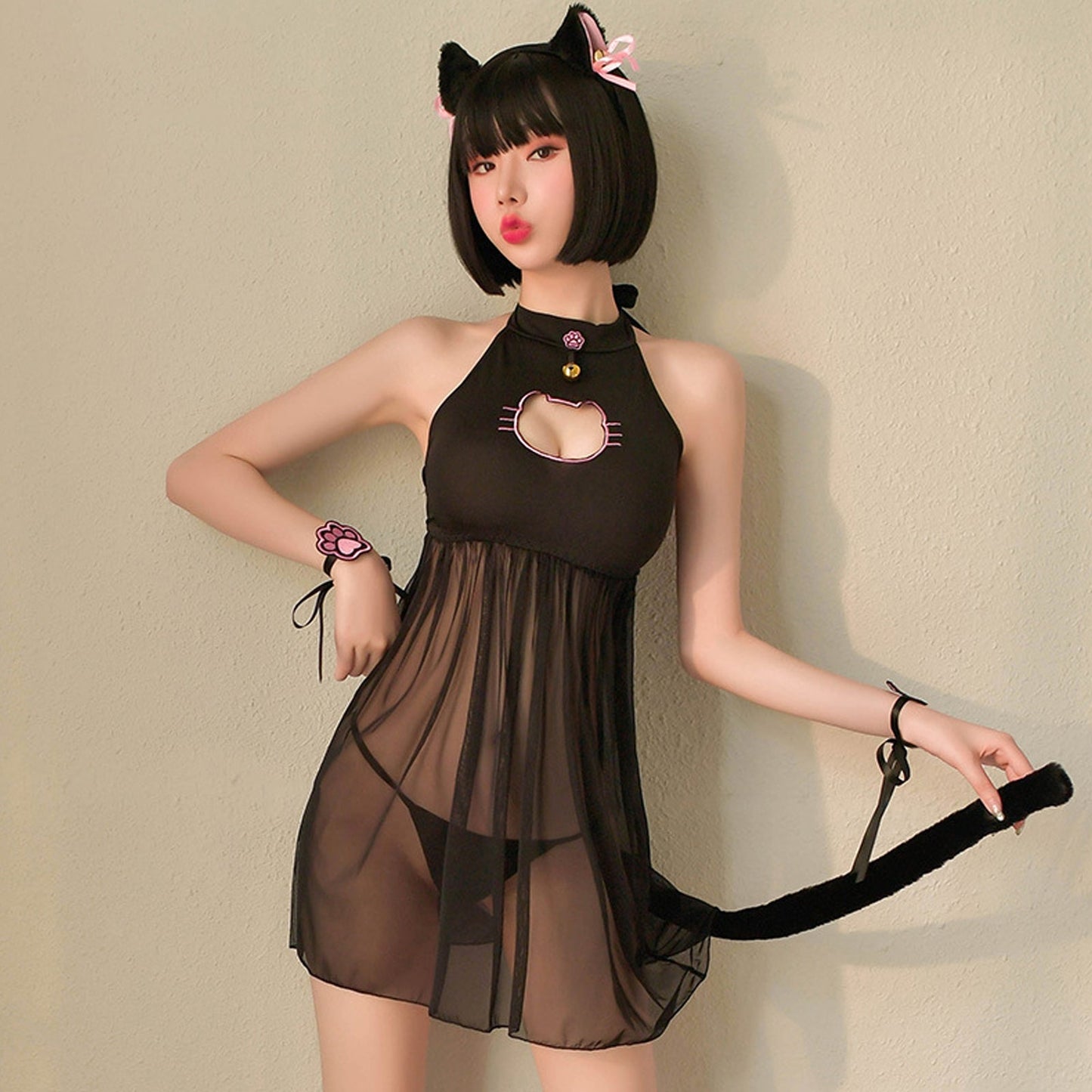 Japanese Cat Cosplay Sheer Mesh Babydoll Dress Set blesssafe