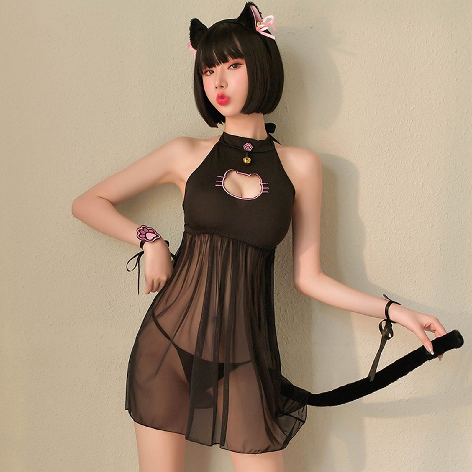 Japanese Cat Cosplay Sheer Mesh Babydoll Dress Set blesssafe