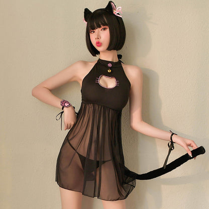 Japanese Cat Cosplay Sheer Mesh Babydoll Dress Set blesssafe