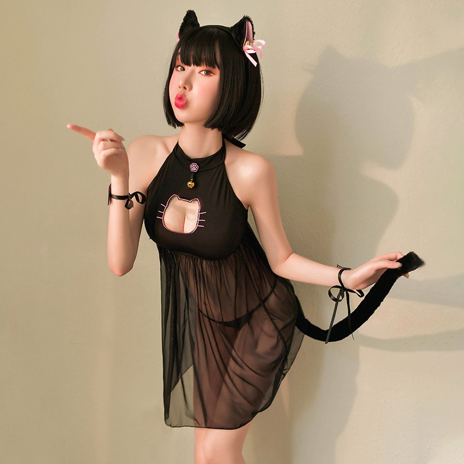 Japanese Cat Cosplay Sheer Mesh Babydoll Dress Set blesssafe