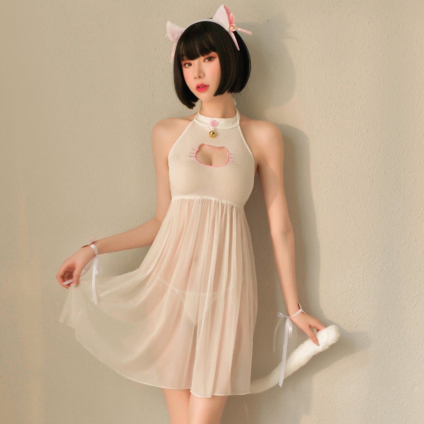 Japanese Cat Cosplay Sheer Mesh Babydoll Dress Set blesssafe