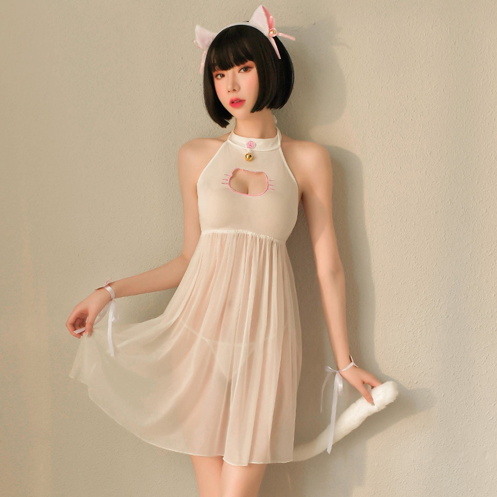 Japanese Cat Cosplay Sheer Mesh Babydoll Dress Set blesssafe