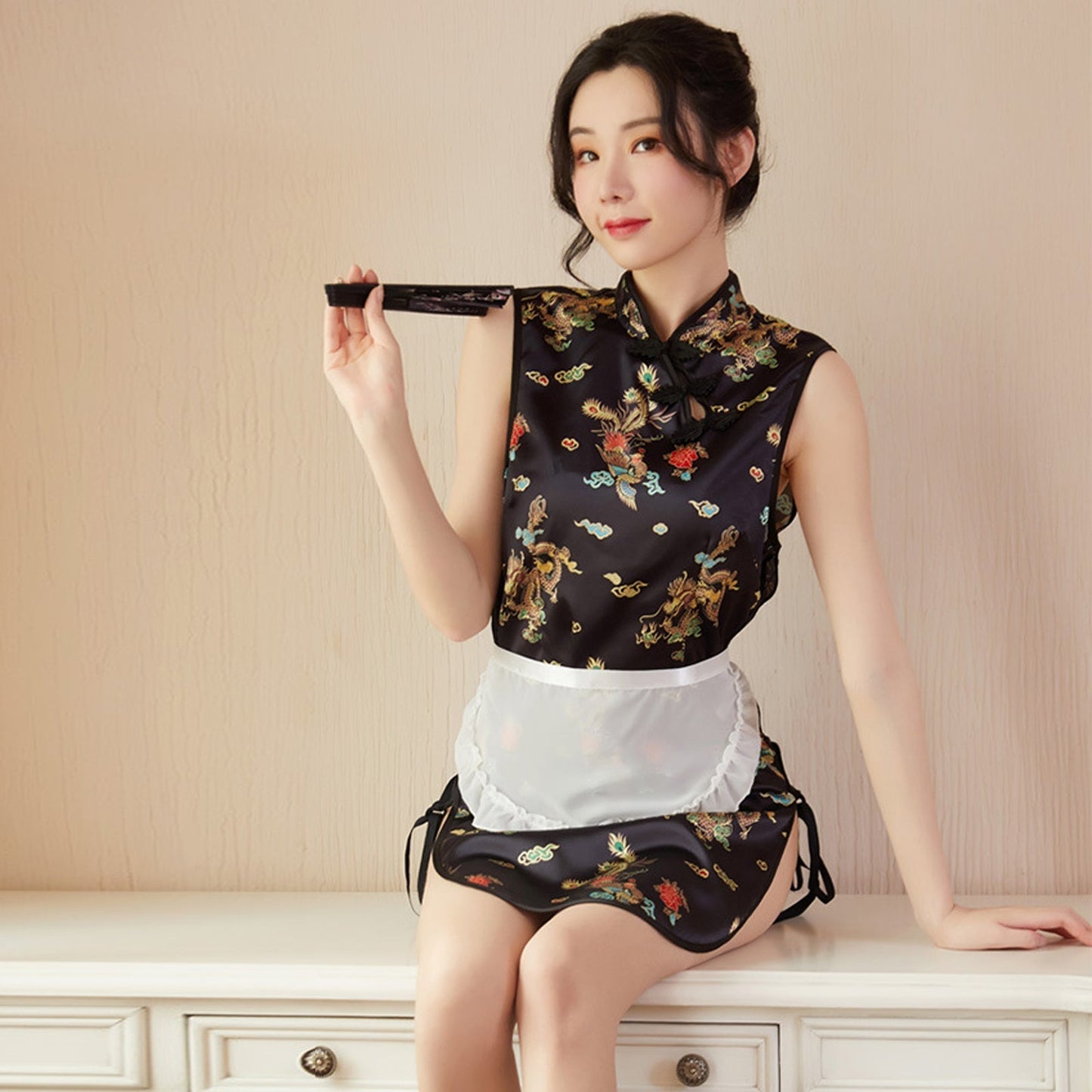Sexy My Costume Exotic Maid Dress Chinese Split Dress with Maid Apron Blesssafe