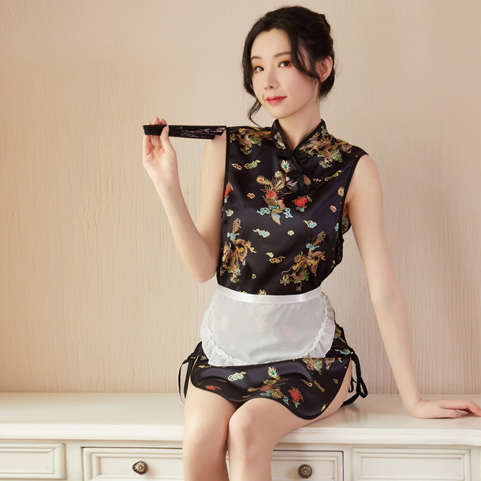 Sexy My Costume Exotic Maid Dress Chinese Split Dress with Maid Apron Blesssafe