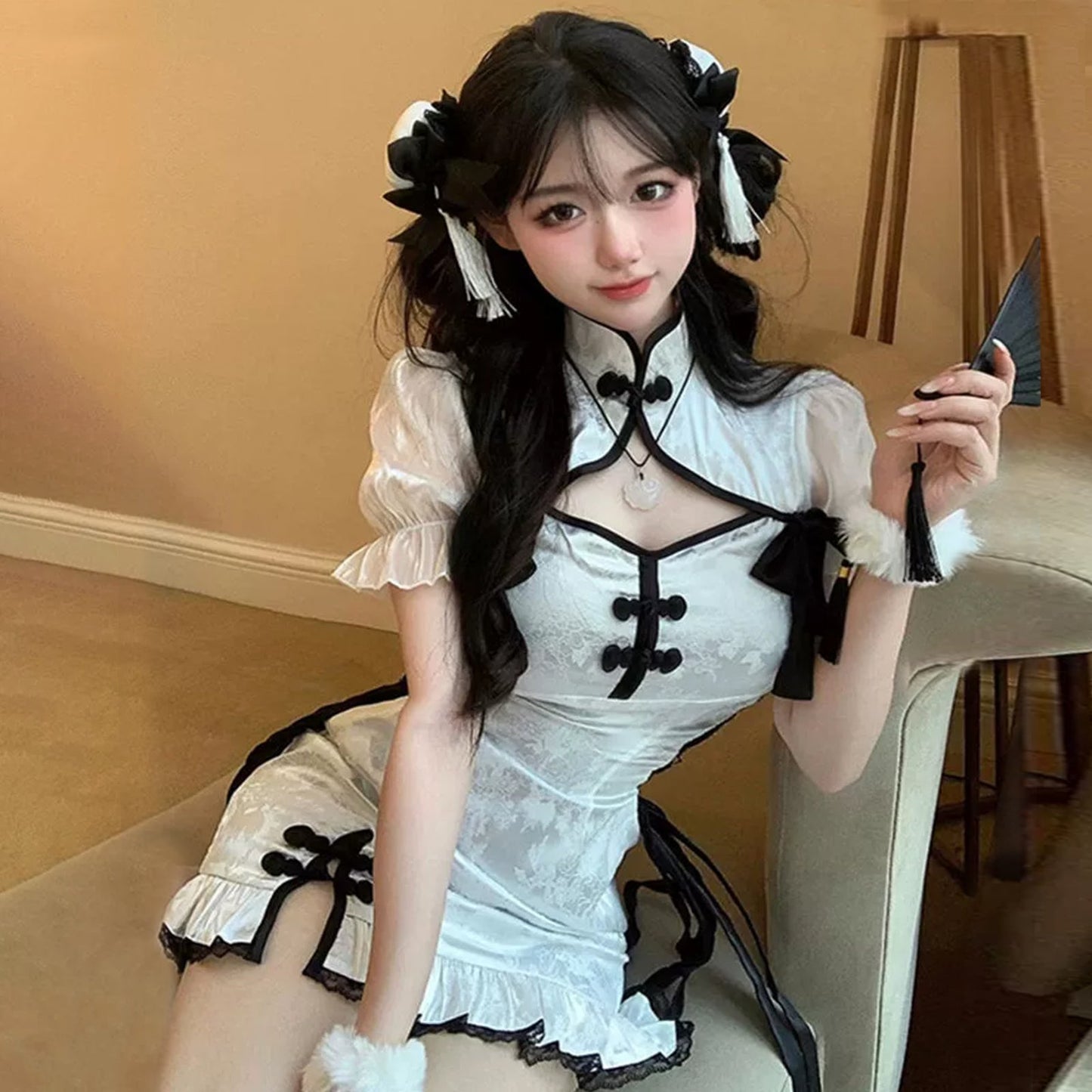 Blesssafe Chinese Cheongsam Babydoll Dress Side Lace-Up White Qipao Dress Blesssafe