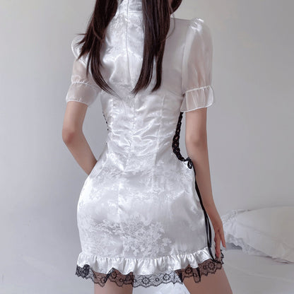Blesssafe Chinese Cheongsam Babydoll Dress Side Lace-Up White Qipao Dress Blesssafe