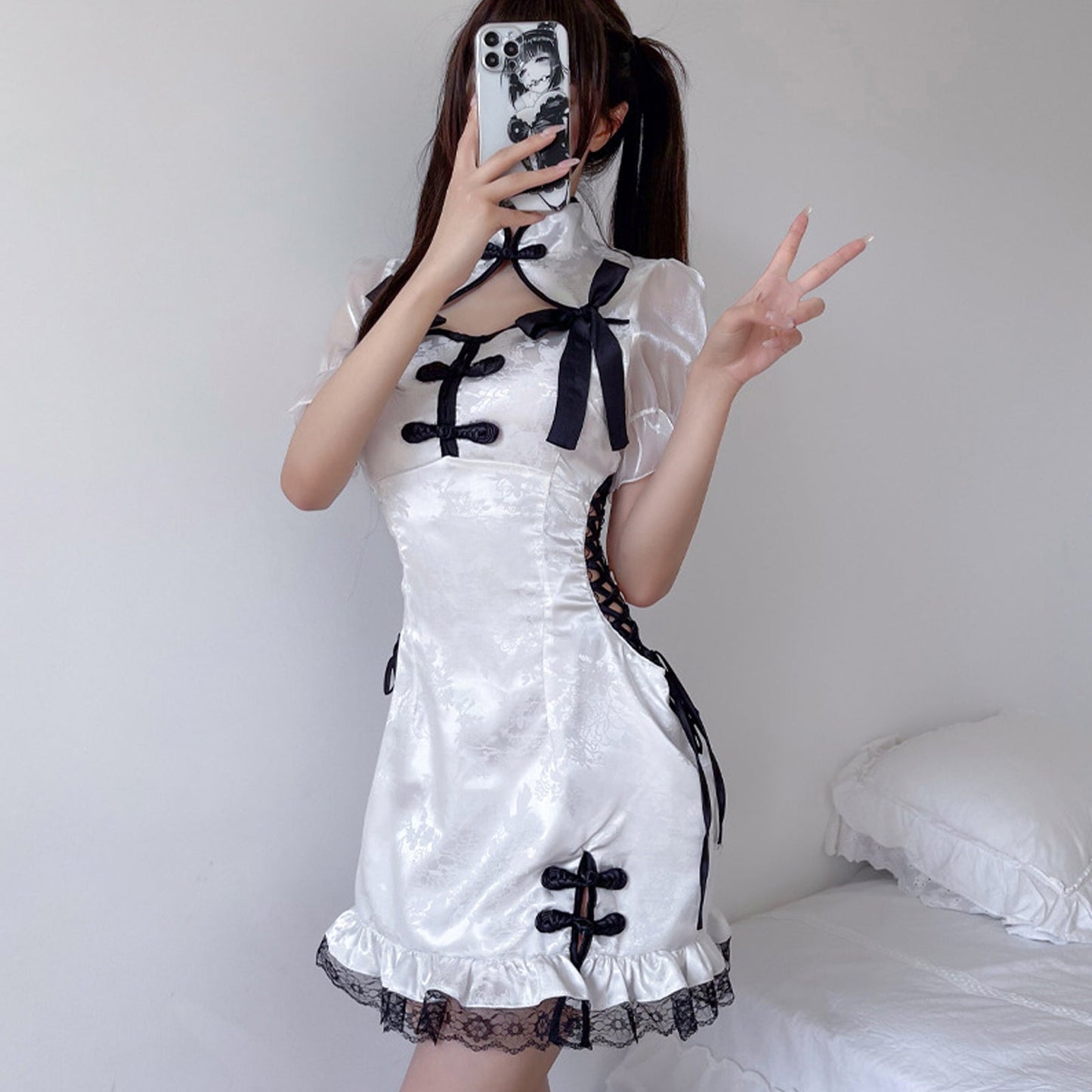 Blesssafe Chinese Cheongsam Babydoll Dress Side Lace-Up White Qipao Dress Blesssafe