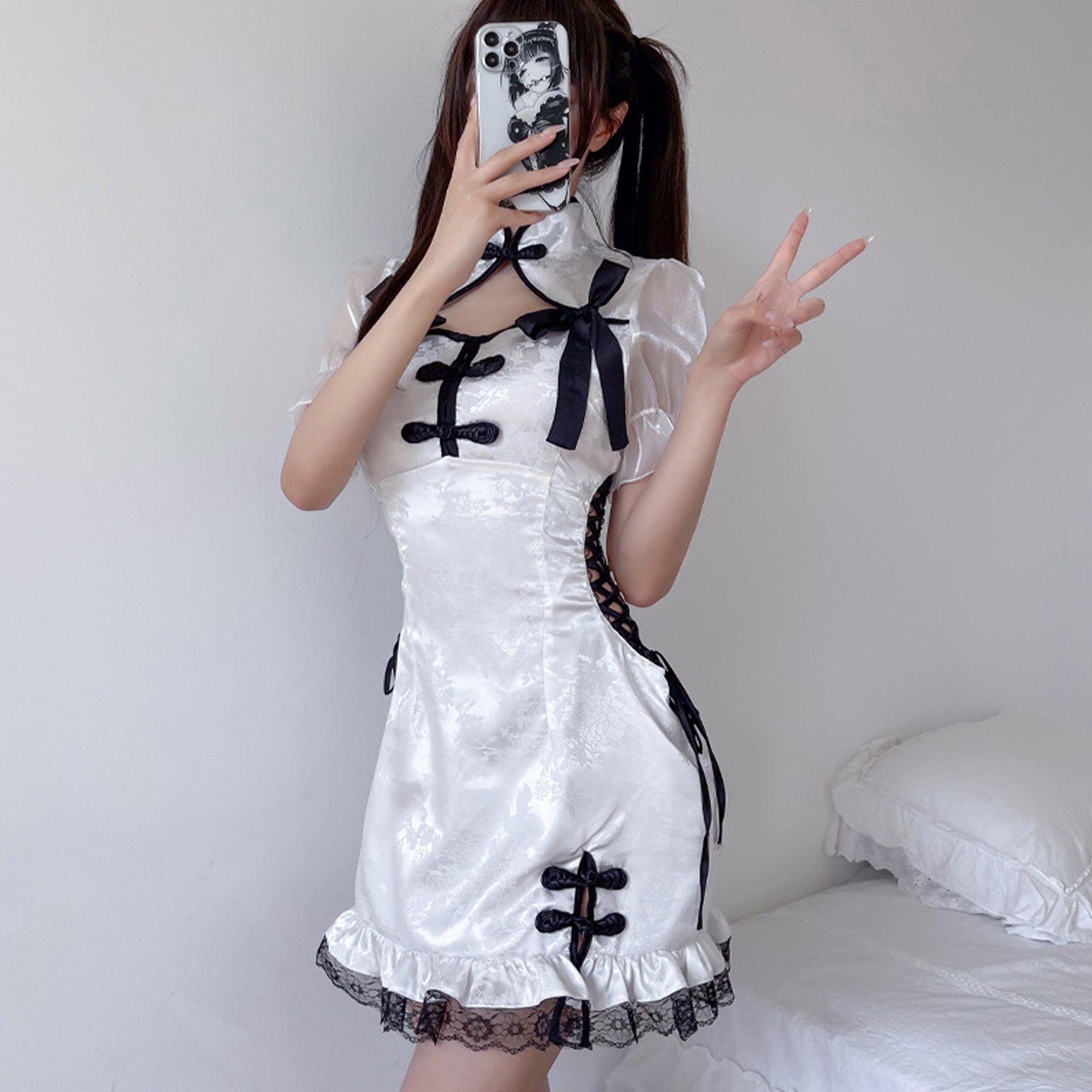 Blesssafe Chinese Cheongsam Babydoll Dress Side Lace-Up White Qipao Dress Blesssafe