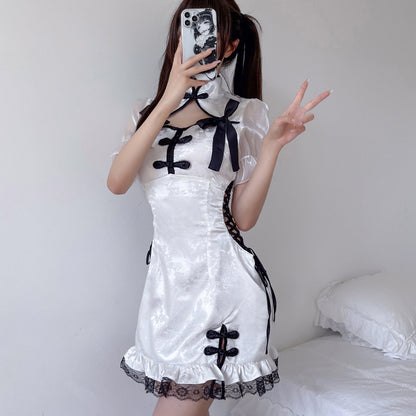 Blesssafe Chinese Cheongsam Babydoll Dress Side Lace-Up White Qipao Dress Blesssafe