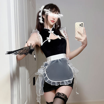 Chinese Style Hollow Out Maid Bodysuit with Mesh Apron Set Blesssafe