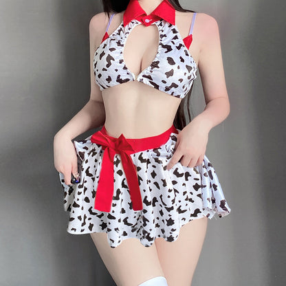 Blesssafe Cow Cosplay Costumes Anime Cow Print Lingerie Halter Crop Top and Mini Skirt Set Blesssafe
