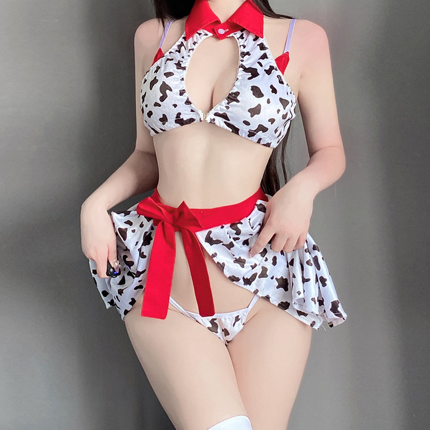 Blesssafe Cow Cosplay Costumes Anime Cow Print Lingerie Halter Crop Top and Mini Skirt Set Blesssafe