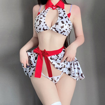 Blesssafe Cow Cosplay Costumes Anime Cow Print Lingerie Halter Crop Top and Mini Skirt Set Blesssafe