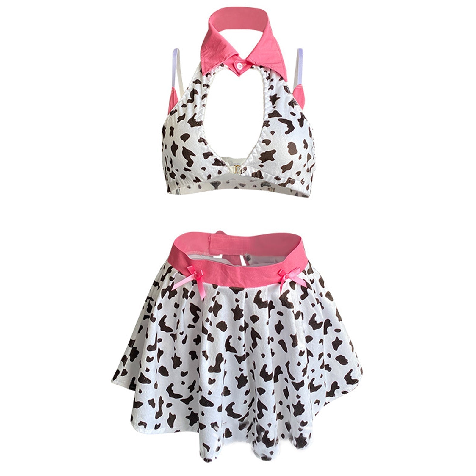 Blesssafe Cow Cosplay Costumes Anime Cow Print Lingerie Halter Crop Top and Mini Skirt Set Blesssafe