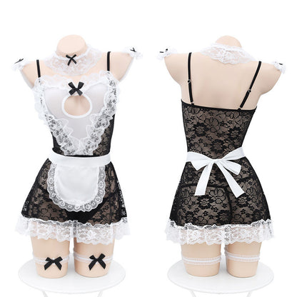 Hollow Out Lace French Maid Anime Cosplay Babydoll Dress Set Blesssafe