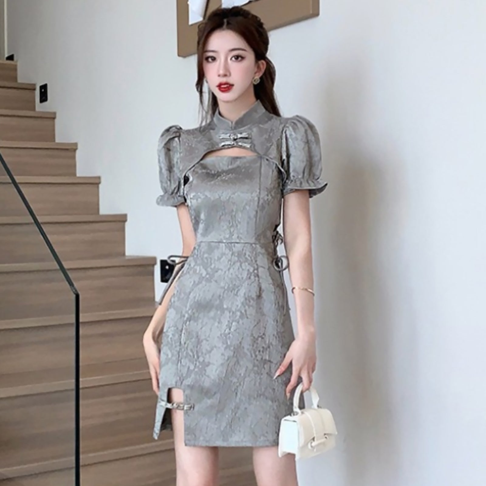 Blesssafe Grey Chinese Dresses Cut Out Short Sleeve Slim Fit Cheongsam Dress Blesssafe