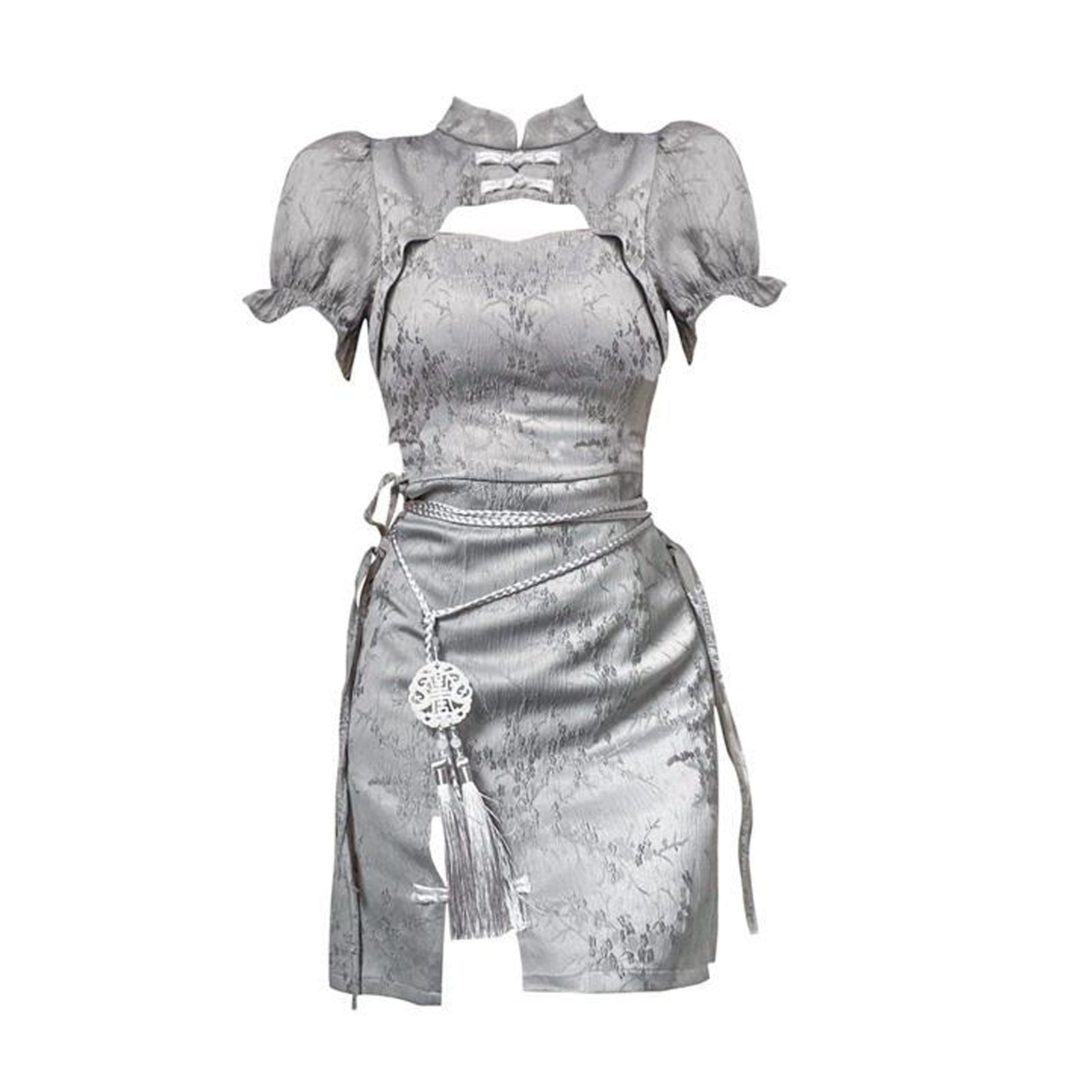 Blesssafe Grey Chinese Dresses Cut Out Short Sleeve Slim Fit Cheongsam Dress Blesssafe