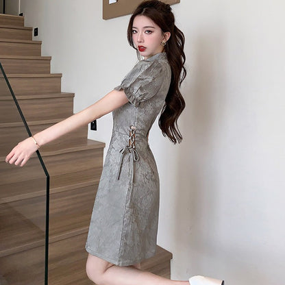 Blesssafe Grey Chinese Dresses Cut Out Short Sleeve Slim Fit Cheongsam Dress Blesssafe