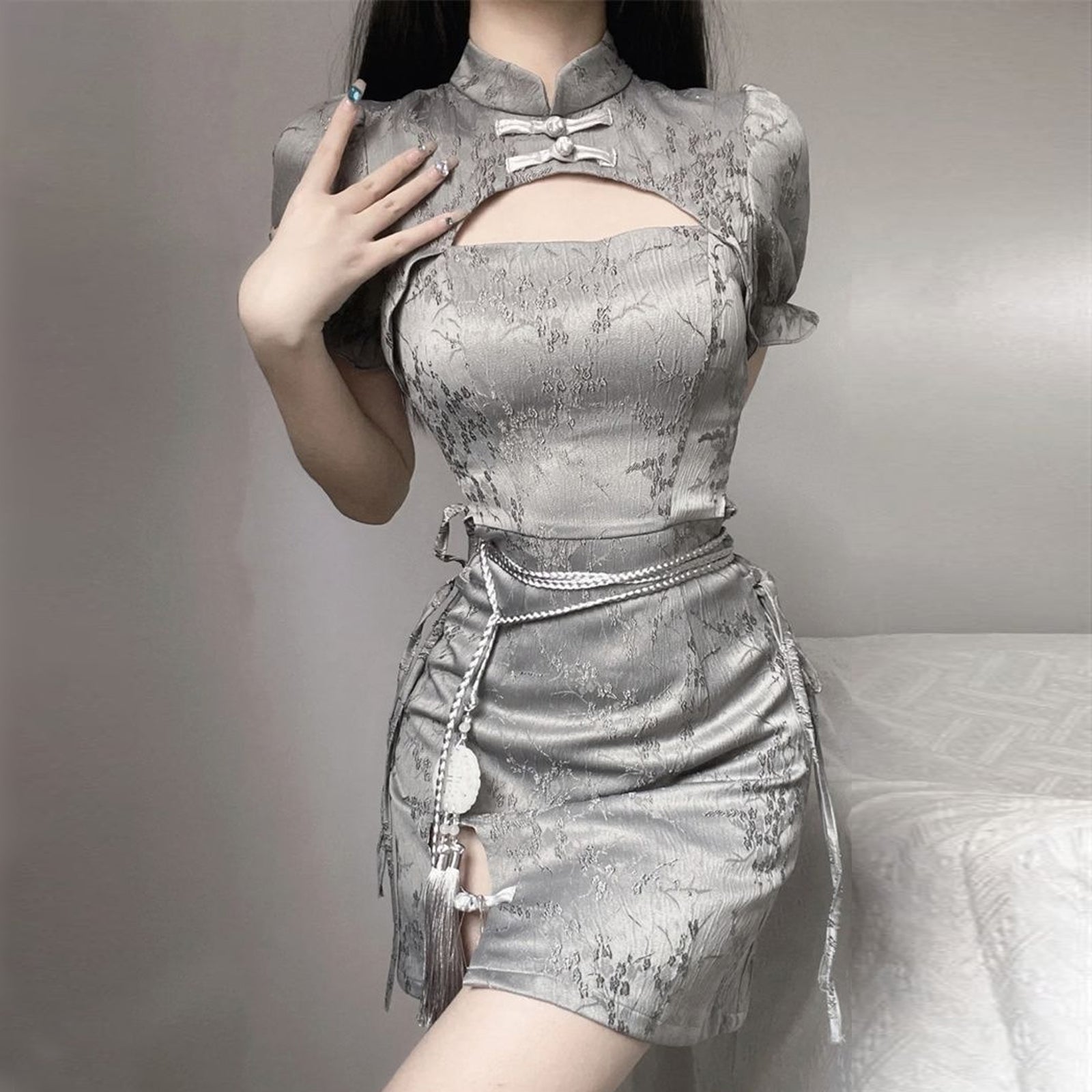 Blesssafe Grey Chinese Dresses Cut Out Short Sleeve Slim Fit Cheongsam Dress Blesssafe