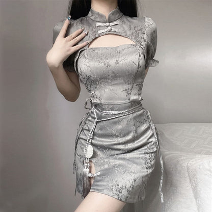 Blesssafe Grey Chinese Dresses Cut Out Short Sleeve Slim Fit Cheongsam Dress Blesssafe