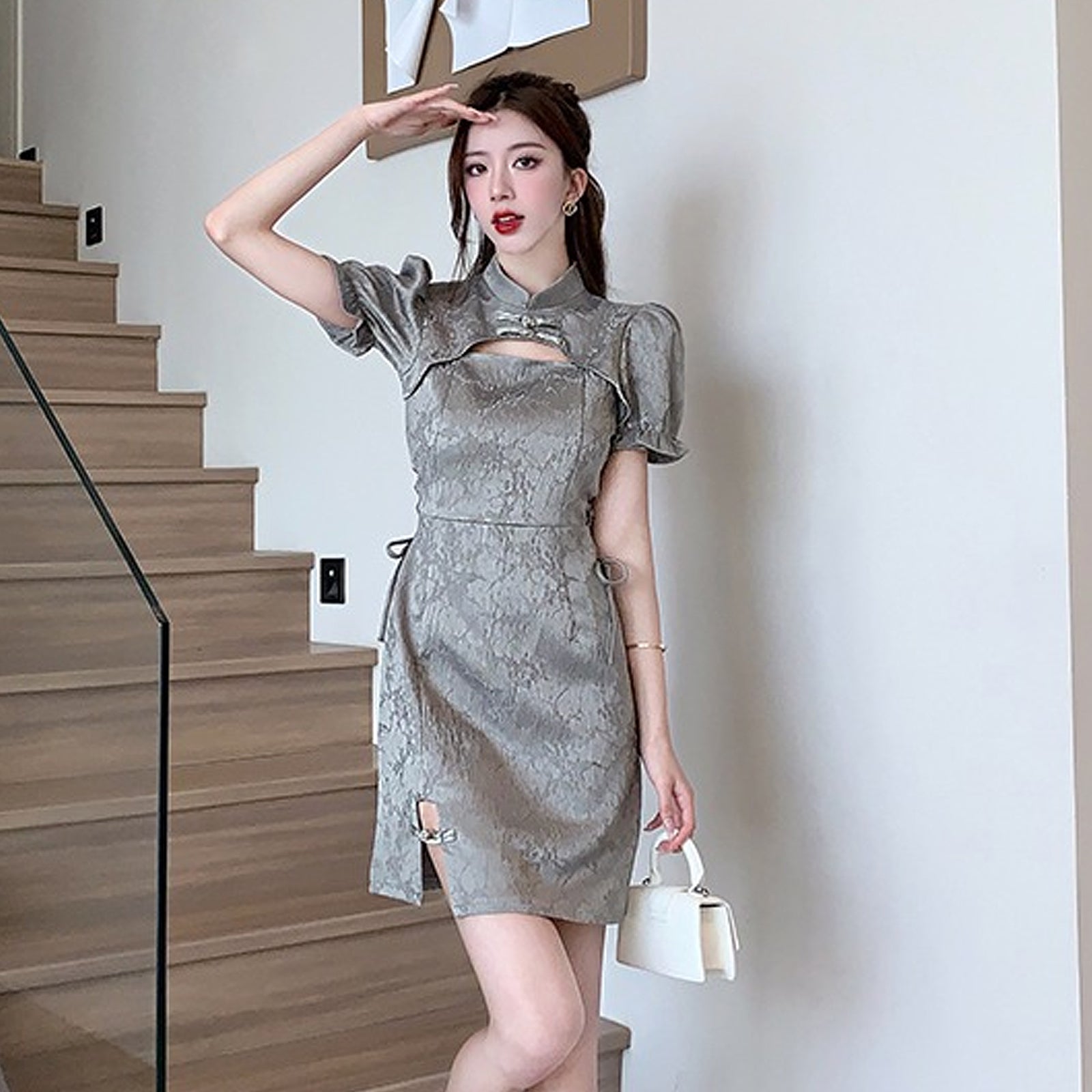 Blesssafe Grey Chinese Dresses Cut Out Short Sleeve Slim Fit Cheongsam Dress Blesssafe