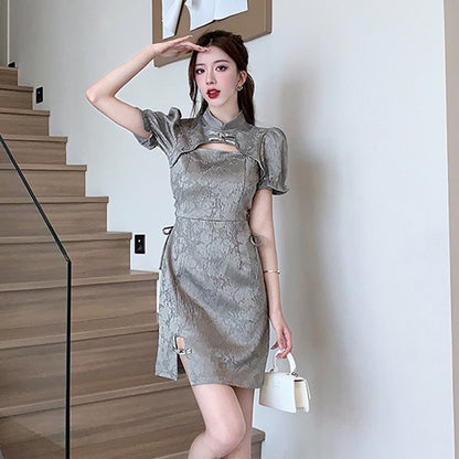 Blesssafe Grey Chinese Dresses Cut Out Short Sleeve Slim Fit Cheongsam Dress Blesssafe