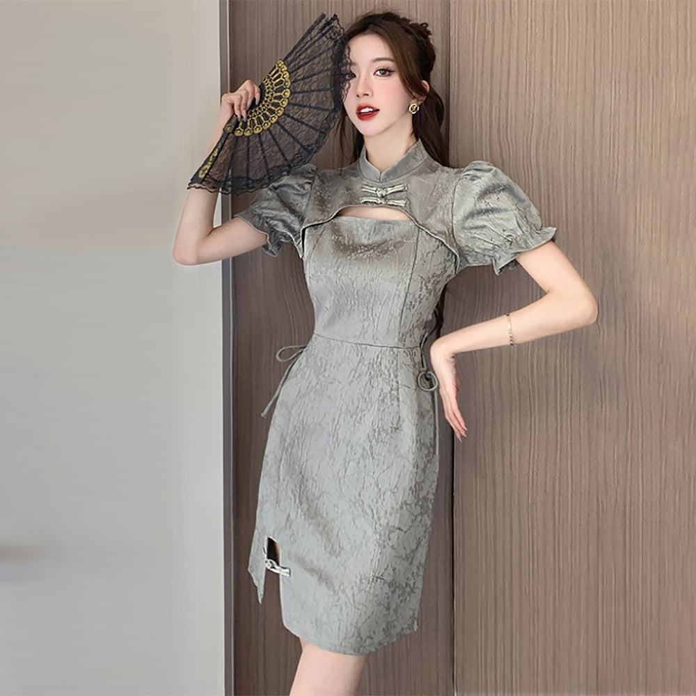 Blesssafe Grey Chinese Dresses Cut Out Short Sleeve Slim Fit Cheongsam Dress Blesssafe