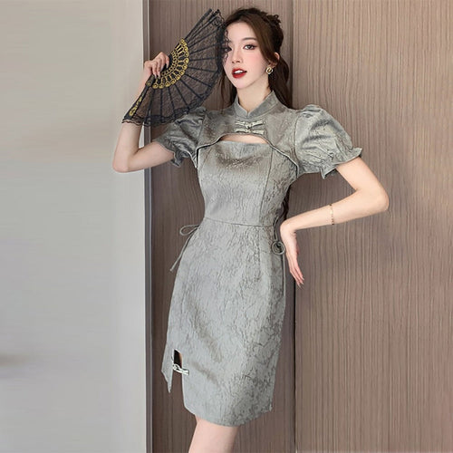 Blesssafe Grey Chinese Dresses Cut Out Short Sleeve Slim Fit Cheongsam Dress Blesssafe