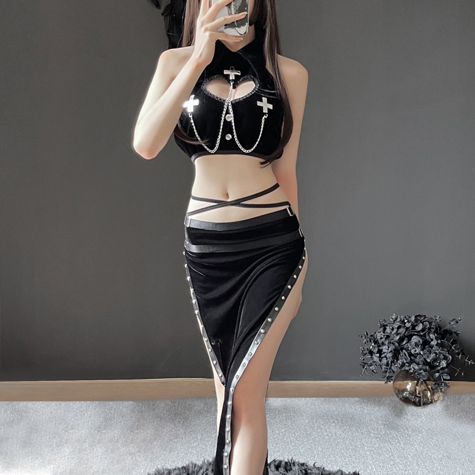Blesssafe High Slit Skirt Set 2 Piece Exotic Devil Cosplay Costume Cut Out Crop Top and Skirt Blesssafe