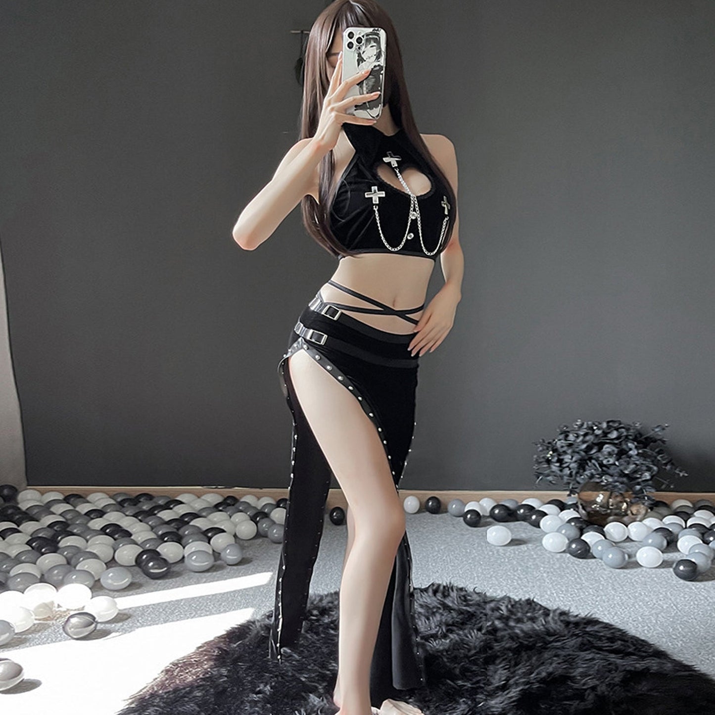 Blesssafe High Slit Skirt Set 2 Piece Exotic Devil Cosplay Costume Cut Out Crop Top and Skirt Blesssafe