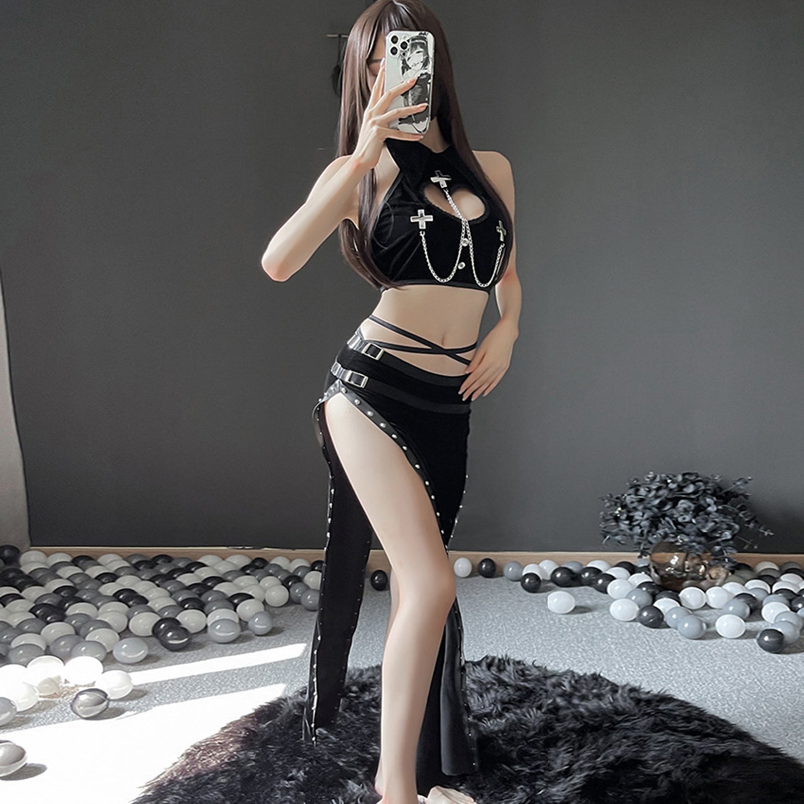 Blesssafe High Slit Skirt Set 2 Piece Exotic Devil Cosplay Costume Cut Out Crop Top and Skirt Blesssafe
