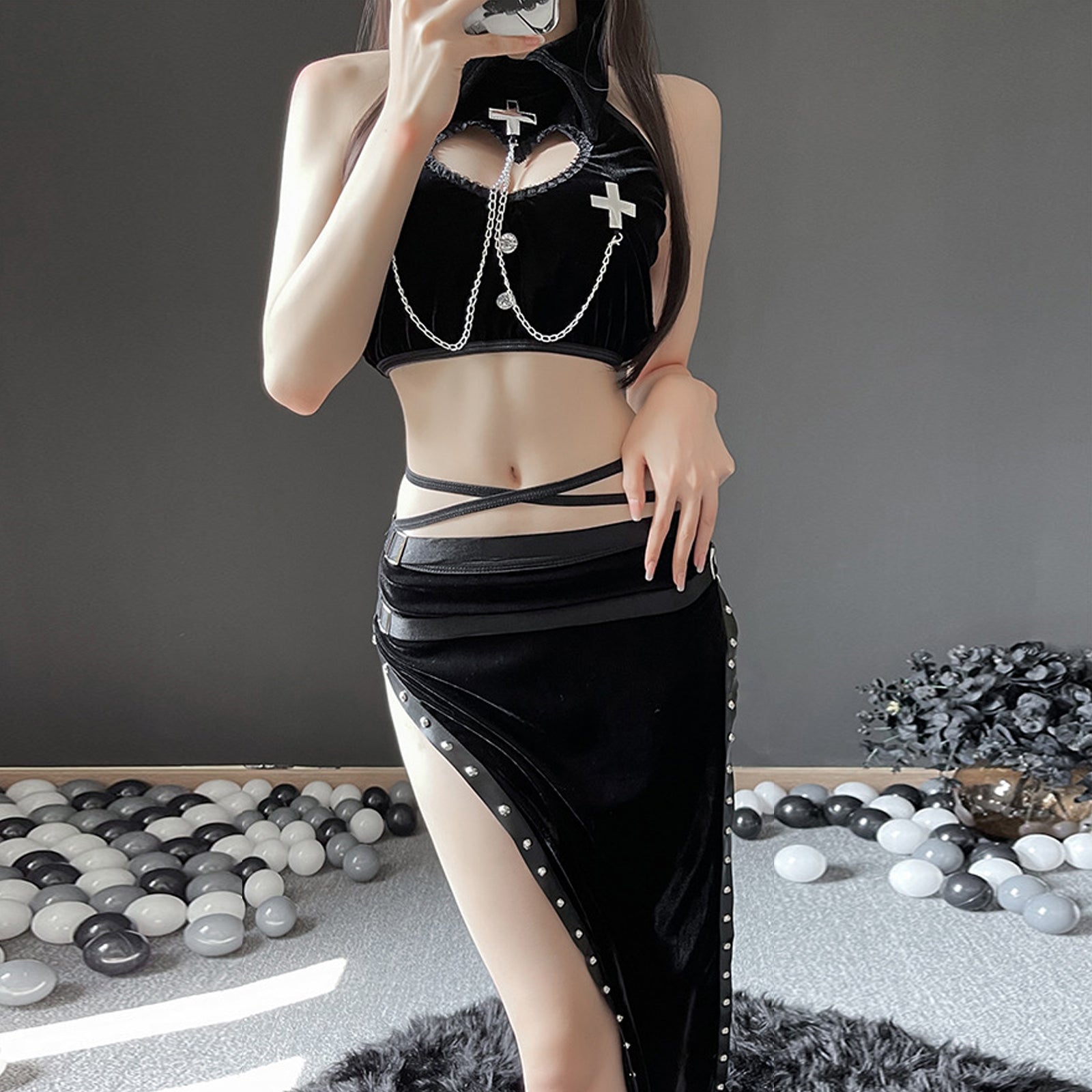 Blesssafe High Slit Skirt Set 2 Piece Exotic Devil Cosplay Costume Cut Out Crop Top and Skirt Blesssafe