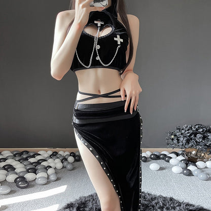 Blesssafe High Slit Skirt Set 2 Piece Exotic Devil Cosplay Costume Cut Out Crop Top and Skirt Blesssafe