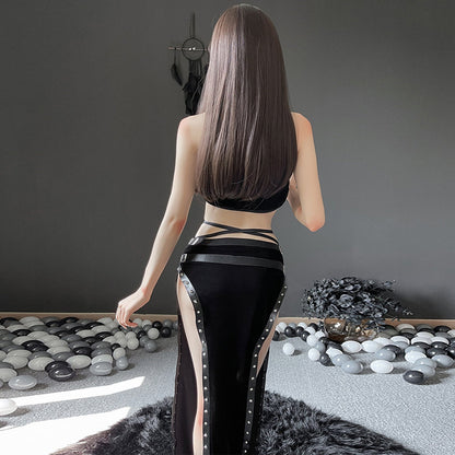 Blesssafe High Slit Skirt Set 2 Piece Exotic Devil Cosplay Costume Cut Out Crop Top and Skirt Blesssafe